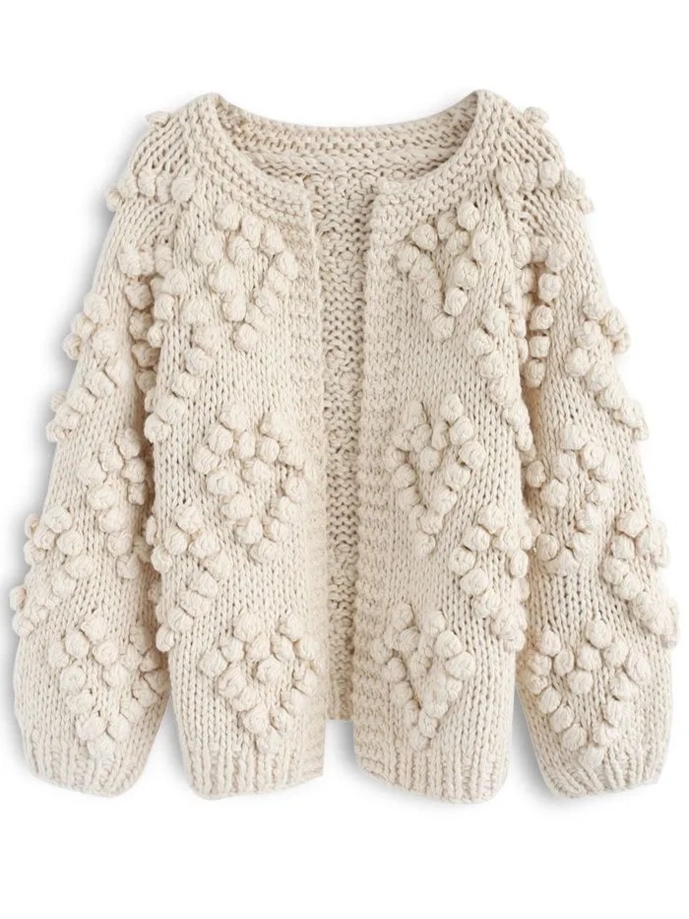 Chicwish Knit Your Love Ivory Cream Bobble Knit Open-Front Cardigan Popcorn